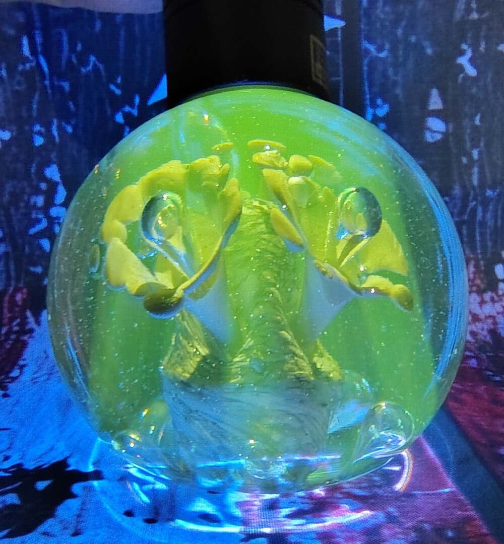 VTG Uranium Glass Controlled Bubble Floral Paperweight